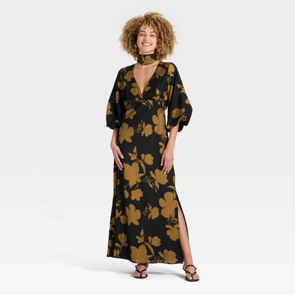Women's Tie Neck Maxi Dress - A New Day Black/Brown Floral XS